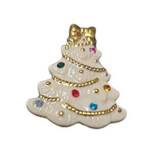 Lenox Porcelain White Christmas Tree Brooch Pin Colorful Crystal Rhinestones